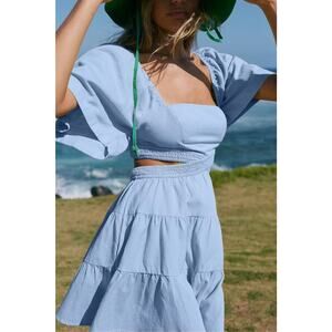 Shy Velvet Lavender Cotton Puff Sleeve Tiered Mini Dress L – Square Neck, Cutout